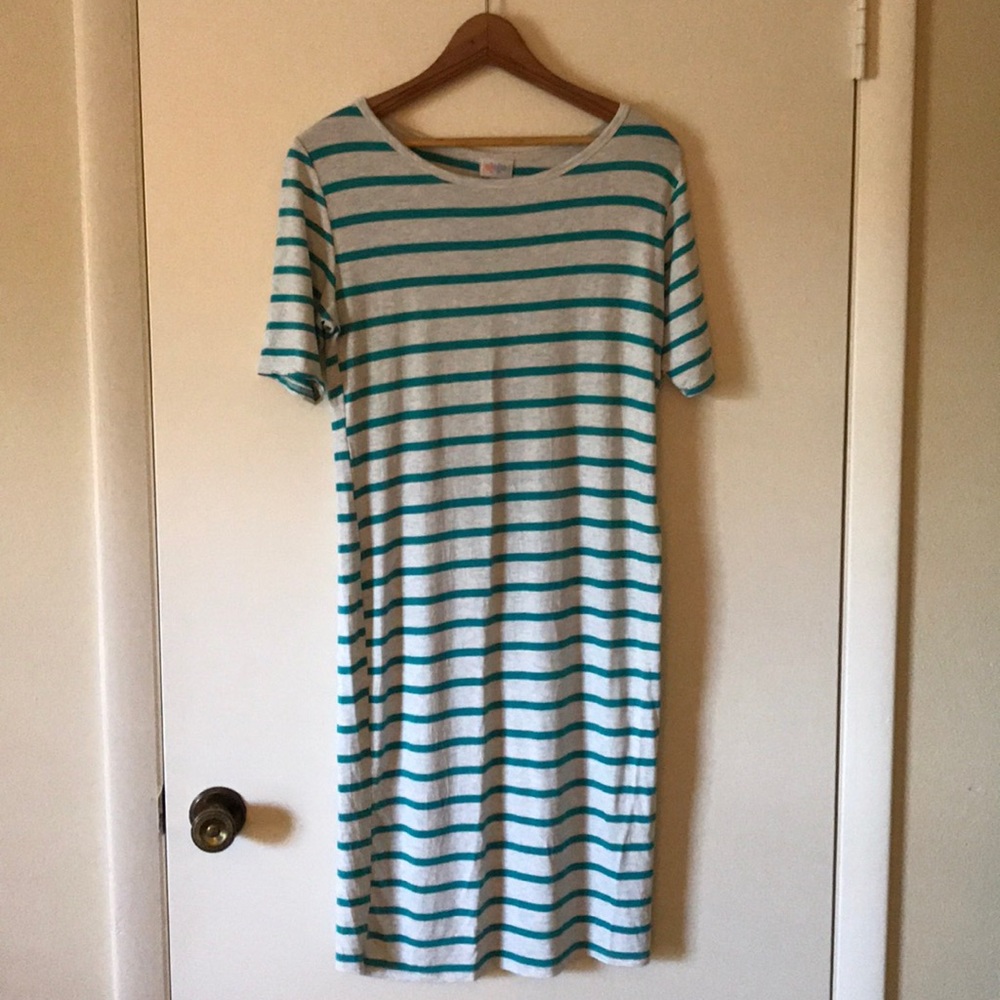 LuLaRoe XL Julia striped light gray & jade dress